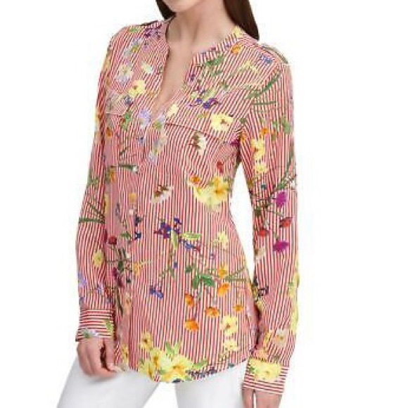 Calvin Klein Women’s Red Striped Floral Button Down Blouse - Picture 1 of 7